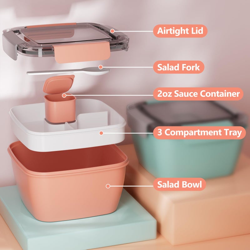 Cherrysea Salad Lunch Box, 2Pack Bowls with 3 Compartments, Leak Proof with Fork & Sauce Container - Green+Pink - Image 2