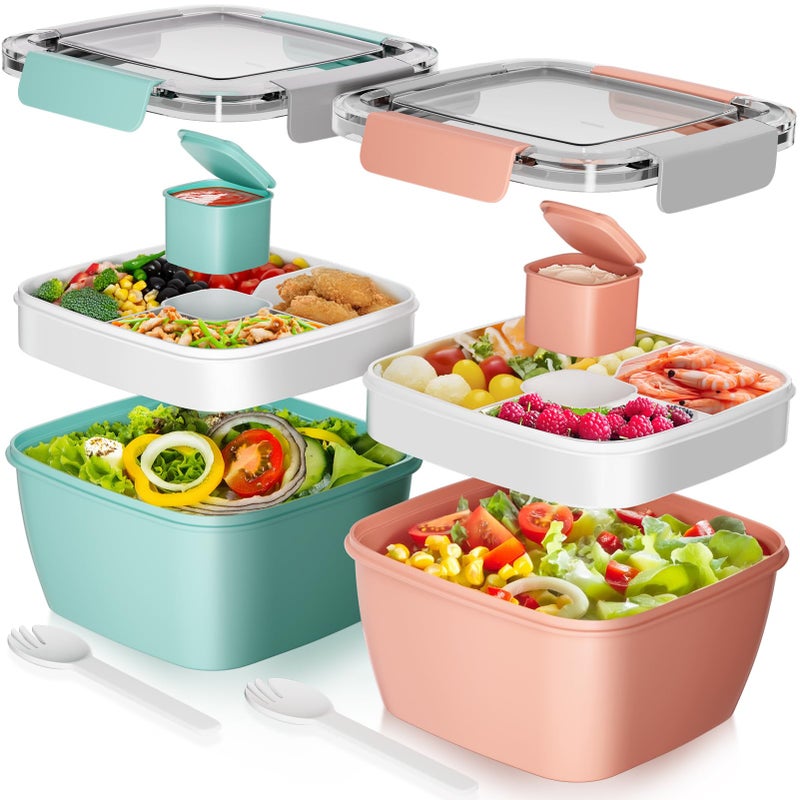Cherrysea Salad Lunch Box, 2Pack Bowls with 3 Compartments, Leak Proof with Fork & Sauce Container - Green+Pink - Image 1