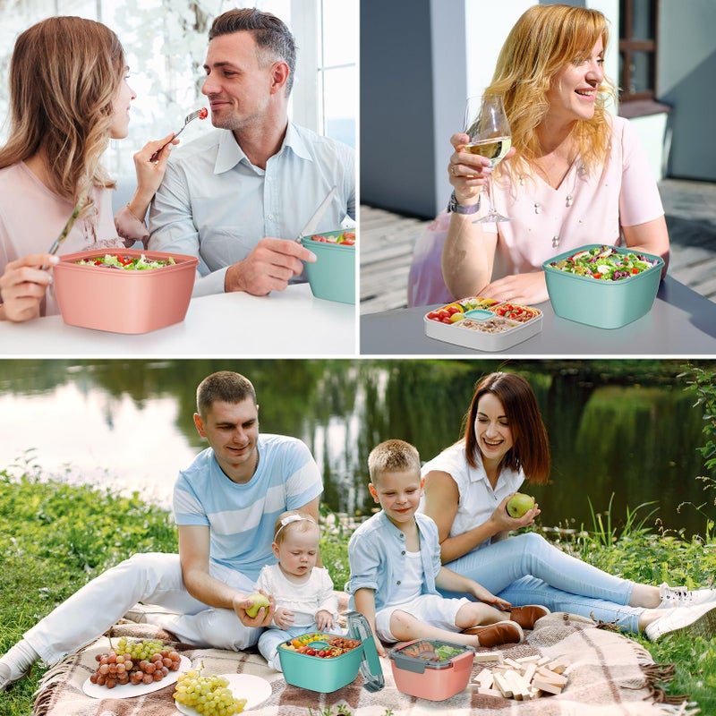 Cherrysea Salad Lunch Box, 2Pack Bowls with 3 Compartments, Leak Proof with Fork & Sauce Container - Green+Pink - Image 5