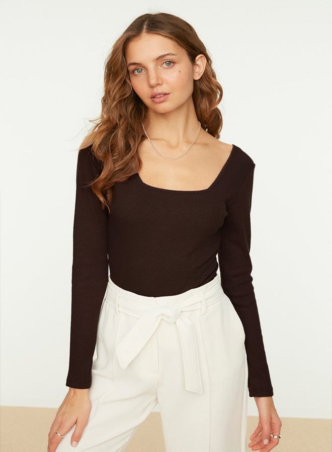 trendyol Brown Square Collar Long Sleeve Ribbed Stretchy Snap Knitted Body - Image 3
