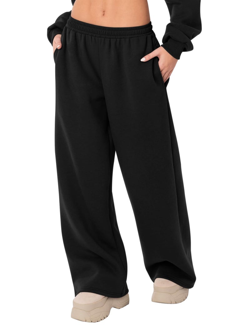 LOMON Wide Leg Sweatpants Women Fleece Sweat Pants Fall Spring Clothes 2026 Teen Girl Baggy Jogger Sweatpant with Pockets (Black, M) - Image 1