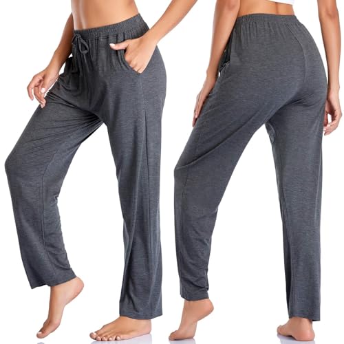 Envlon Women's Yoga Pants with Pockets Comfy Stretch Loose Wide Leg Casual Pants Breathable Running Workout Lounge Pants (Dark Grey, Large) - Image 3
