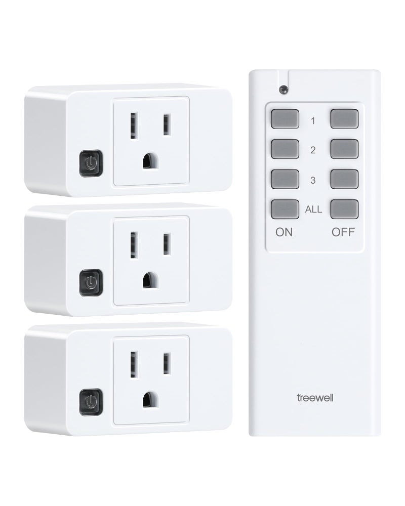 treewell Remote Control Outlet, 200FT Long Range Wireless Light Switch, Mini Electrical Outlet Plug, 15A/1875W High-Power Switch for Lights, Fans, Household Appliances, FCC & ETL Listed (3 Outlets + 1 Remote) - Image 1