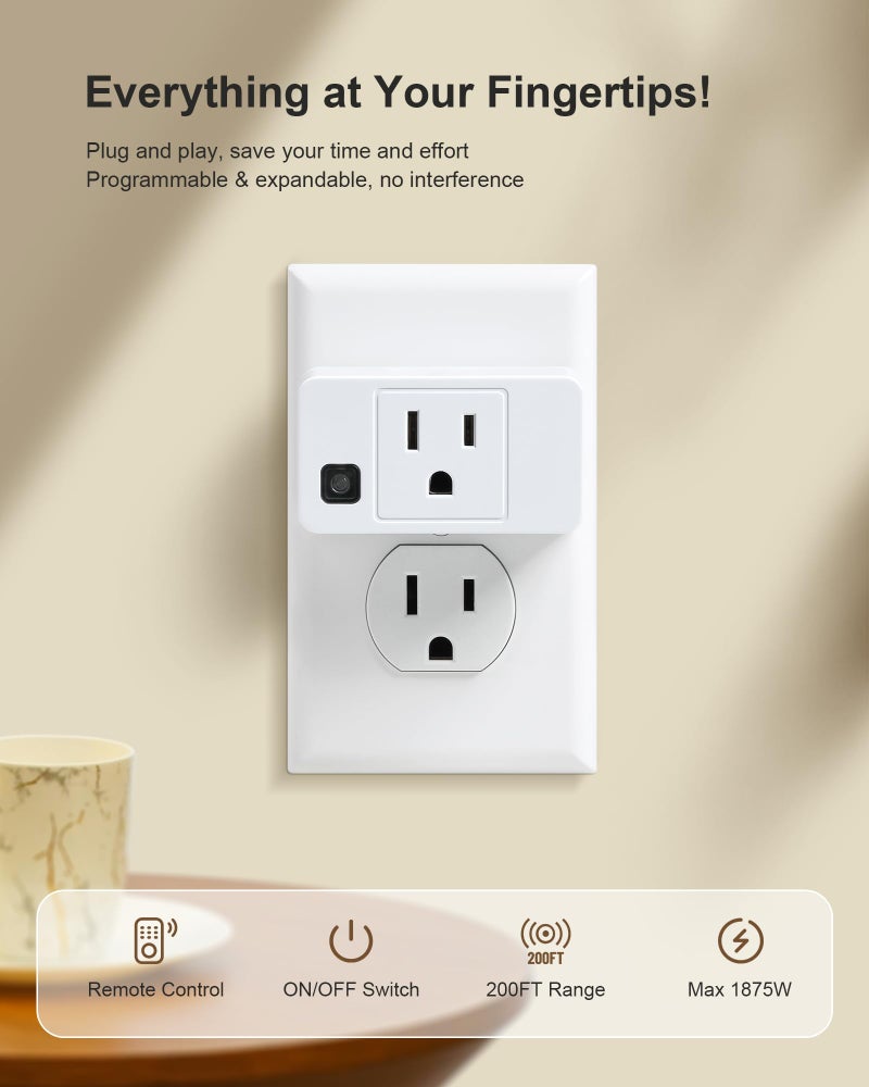treewell Remote Control Outlet, 200FT Long Range Wireless Light Switch, Mini Electrical Outlet Plug, 15A/1875W High-Power Switch for Lights, Fans, Household Appliances, FCC & ETL Listed (3 Outlets + 1 Remote) - Image 2