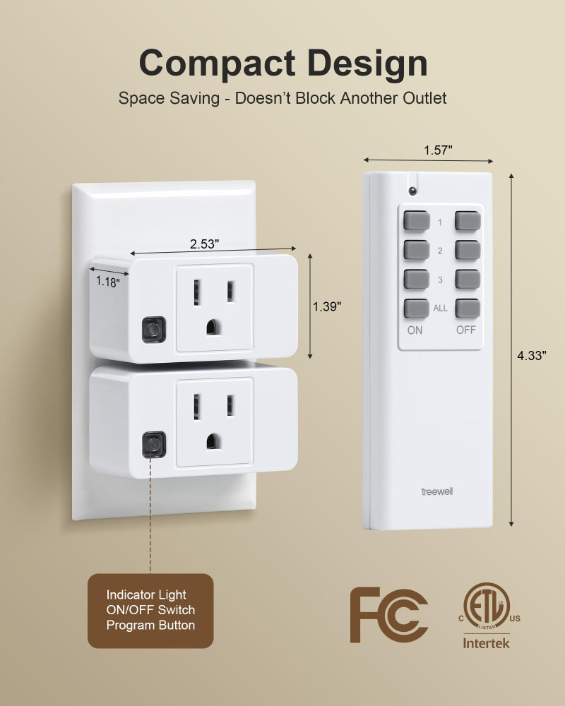treewell Remote Control Outlet, 200FT Long Range Wireless Light Switch, Mini Electrical Outlet Plug, 15A/1875W High-Power Switch for Lights, Fans, Household Appliances, FCC & ETL Listed (3 Outlets + 1 Remote) - Image 5