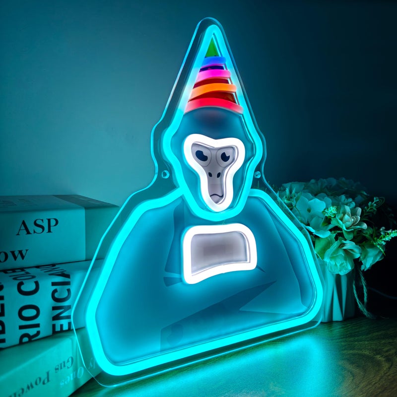 JOSEBRU Ice Blue Gorilla Neon Sign with Party Hat Funky Animal LED Art Lights for Game Room Wall Decor USB Dimmer Sign for Birthday Party Bedroom Mini Games Fans Holiday Gifts - Image 2