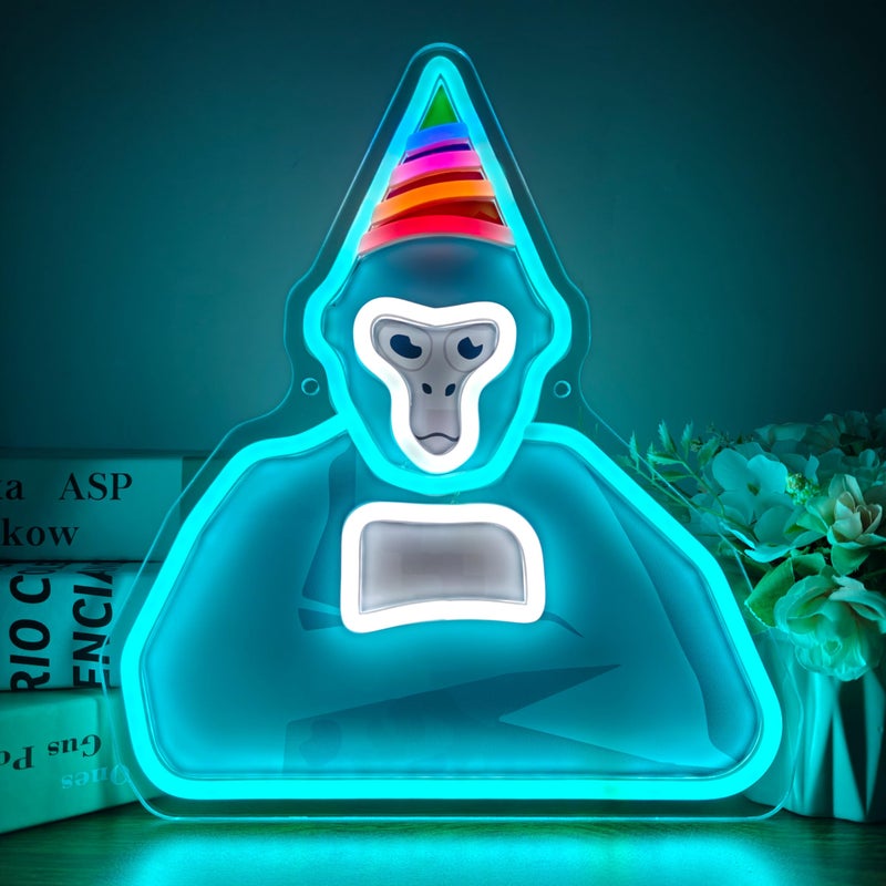 JOSEBRU Ice Blue Gorilla Neon Sign with Party Hat Funky Animal LED Art Lights for Game Room Wall Decor USB Dimmer Sign for Birthday Party Bedroom Mini Games Fans Holiday Gifts - Image 1