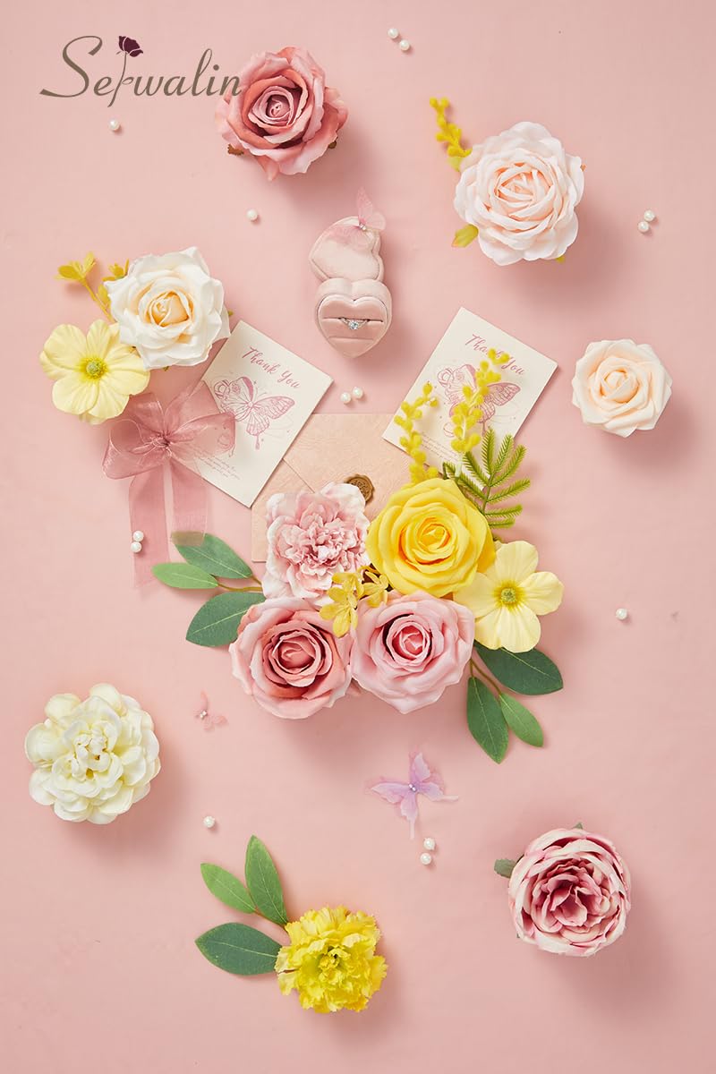 Serwalin Artificial Flowers Pink Yellow Silk Fake Flowers Box for DIY Wedding Bridal Bouquet  Wedding Cake Flowers for Table Centerpieces Birthday Party Bridal Shower Home Decorations - Image 3