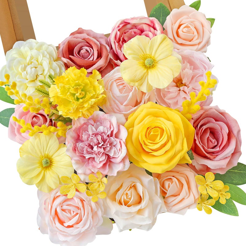 Serwalin Artificial Flowers Pink Yellow Silk Fake Flowers Box for DIY Wedding Bridal Bouquet  Wedding Cake Flowers for Table Centerpieces Birthday Party Bridal Shower Home Decorations - Image 1