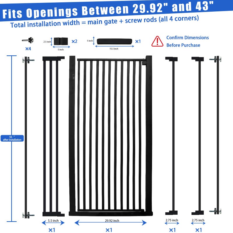 SHYUJAJIE 55 Inch Extra Tall Pet Gate for Cats,29.92"-43" Adjustable Wide Dog Gates,Pressure Mounted Walk Through Tall Pets Gate for Doorways,Hallway,Stairs(Black) - Image 2