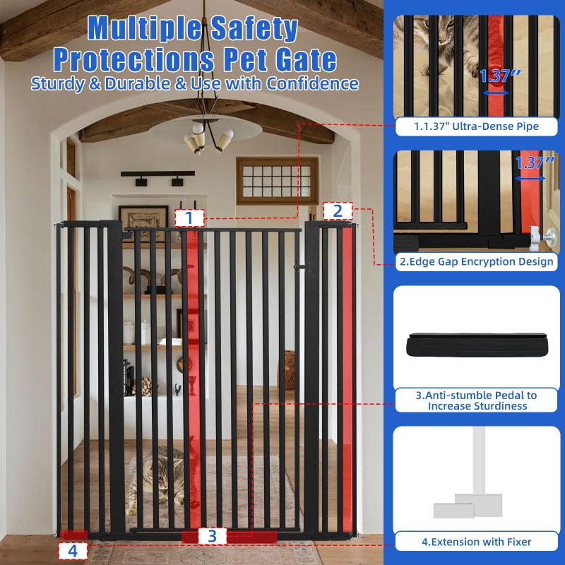 SHYUJAJIE 55 Inch Extra Tall Pet Gate for Cats,29.92"-43" Adjustable Wide Dog Gates,Pressure Mounted Walk Through Tall Pets Gate for Doorways,Hallway,Stairs(Black) - Image 4