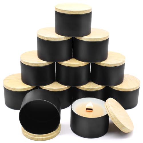 YJHSS 12-Pack 16oz Candle Tins with Wood-Grain Printing Lids, Metal Candle Jars for Candle Making, Bulk Empty Containers for Beginners & DIY Storage - Wood Black - Image 1