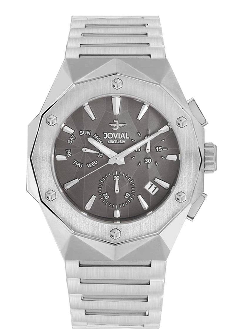 JOVIAL 1505GSMC02E  Stainless Steel Men's Watch, Bold Geometric Design, Grey Dial, Multifunction Movement, 45MM - Image 1