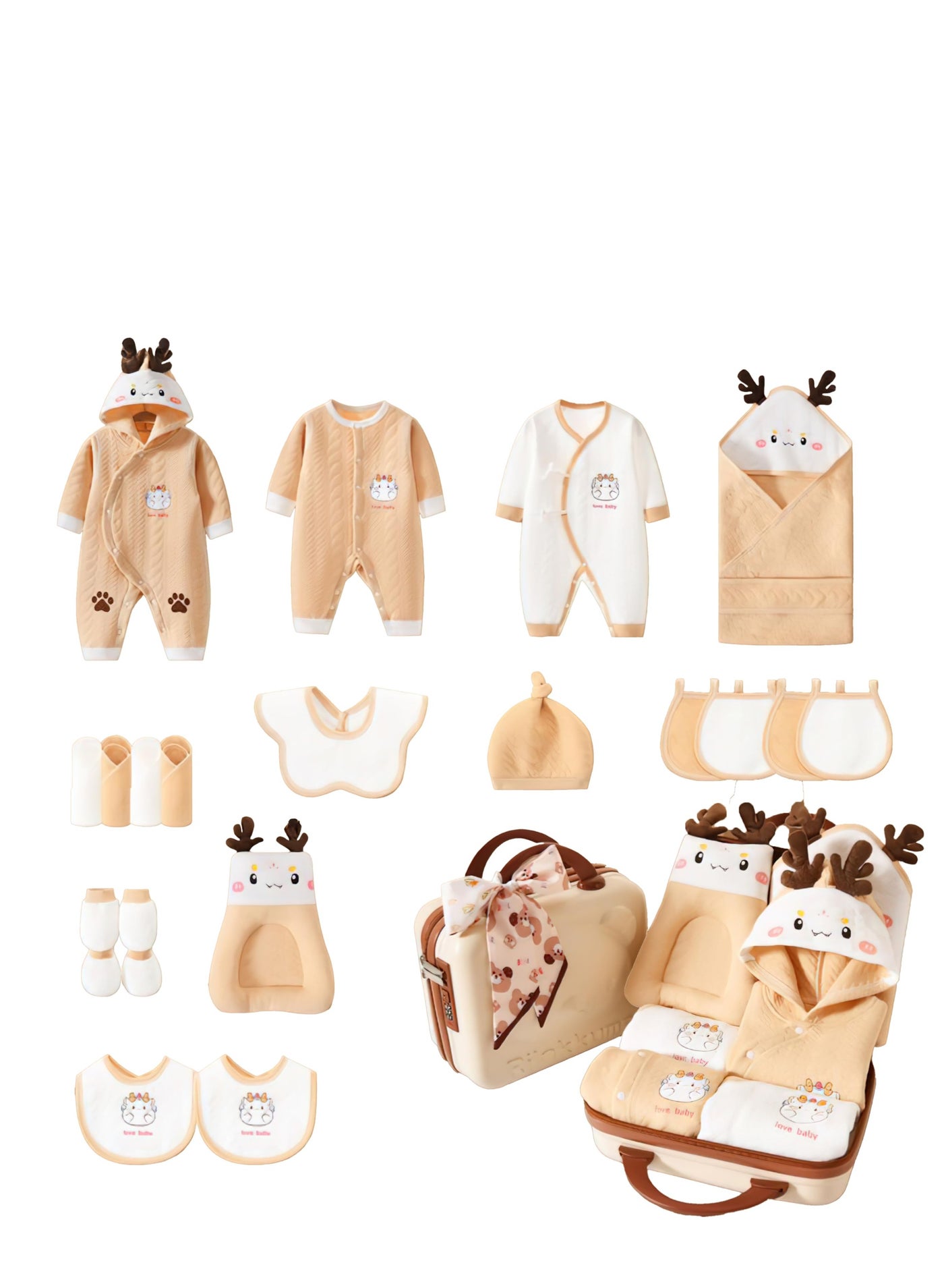 22 PCS Newborn Baby Gifts Set, Layette Gift for Girl Boys, Infant Essential Clothes Accessories, Premium Cotton Babies' Pant and Top Sets, with Beautifully Suitcase and Prints,59cm for 0-3 Month Babys