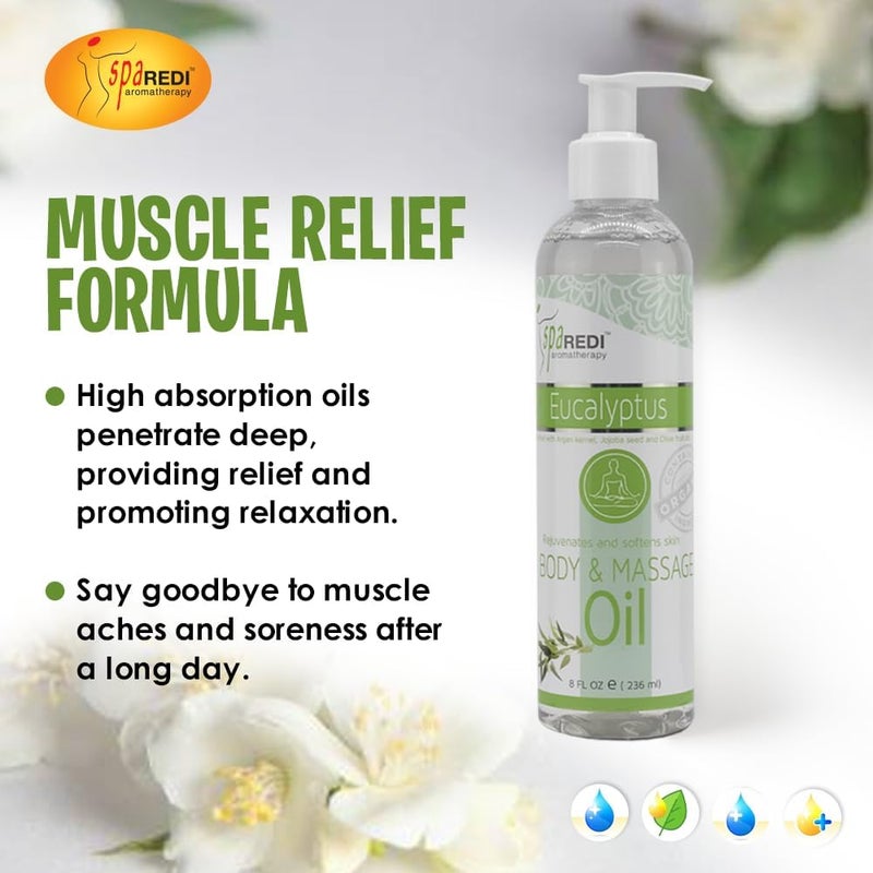 SPA REDI  Massage Oil Eucalyptus 8 Oz  Professional Full Body Massage Therapy Manicure Pedicure  Relax Sore Muscles and Repair Dry Skin Enhanced with High Absorption Oils and Vitamin E - Image 2