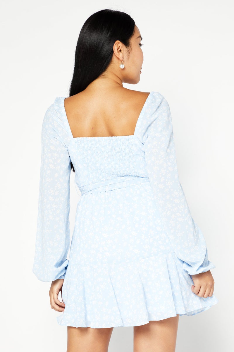 NA-KD Women Floral Print  Mini Dress, Blue - Image 3