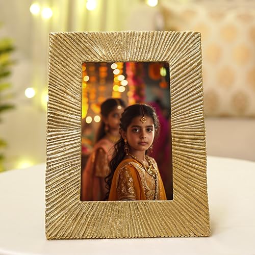 BEHOMA Antique Golden Metal Rectangular Photo Frame With Sunburst Design,Decorative Frames For Wall,Table,Living Room,Bedroom & Gifting,4X6 Inches,Best Gift For Birthday,Anniversary,Valentine's Day - Image 1