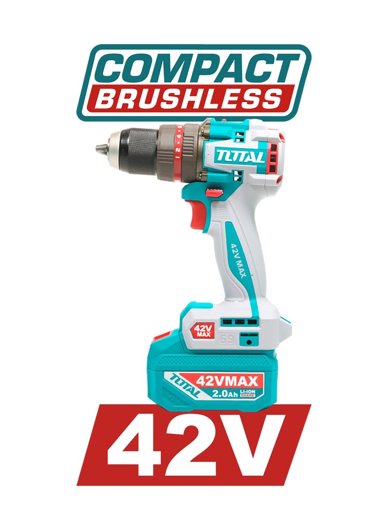 TOTAL 42V Compact Brushless Cordless Impact Drill (69Nm) - 13mm Metal Chuck, 2-Speed Gearbox & 30000BPM - Includes 2x 2.0Ah Batteries, Charger & 50+ Accessories - TIDLI426982 - Image 4