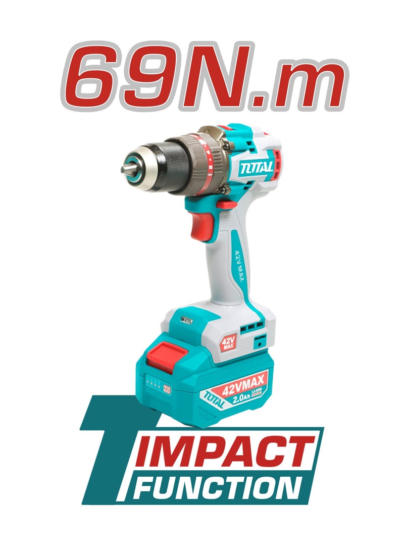 TOTAL 42V Compact Brushless Cordless Impact Drill (69Nm) - 13mm Metal Chuck, 2-Speed Gearbox & 30000BPM - Includes 2x 2.0Ah Batteries, Charger & 50+ Accessories - TIDLI426982 - Image 5