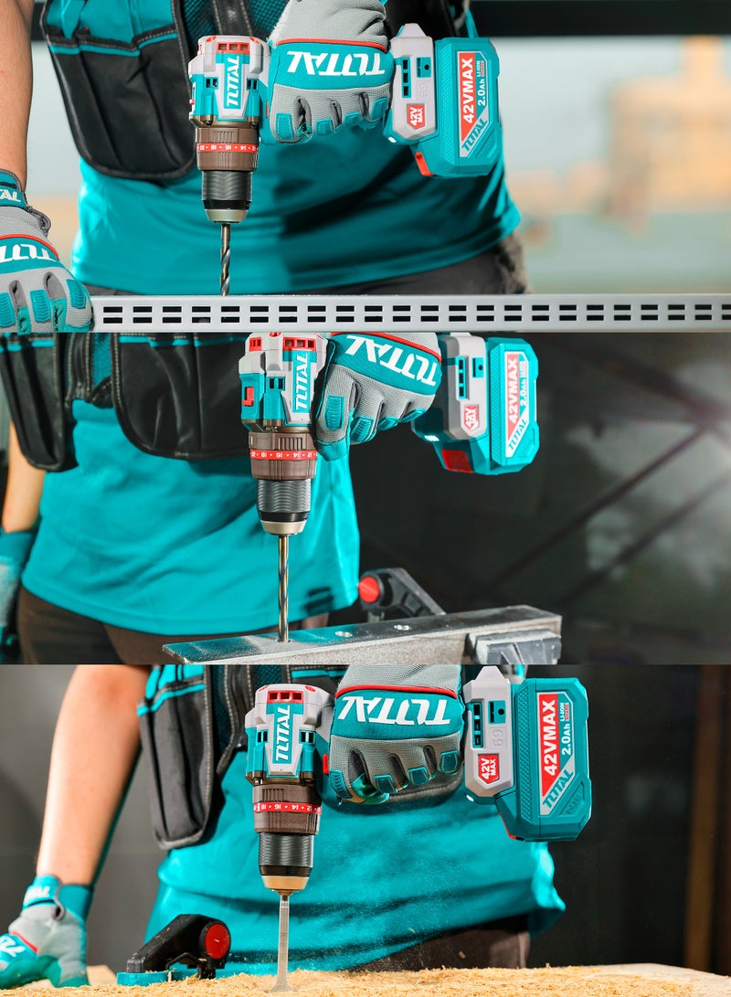 TOTAL 42V Compact Brushless Cordless Impact Drill (69Nm) - 13mm Metal Chuck, 2-Speed Gearbox & 30000BPM - Includes 2x 2.0Ah Batteries, Charger & 50+ Accessories - TIDLI426982 - Image 2
