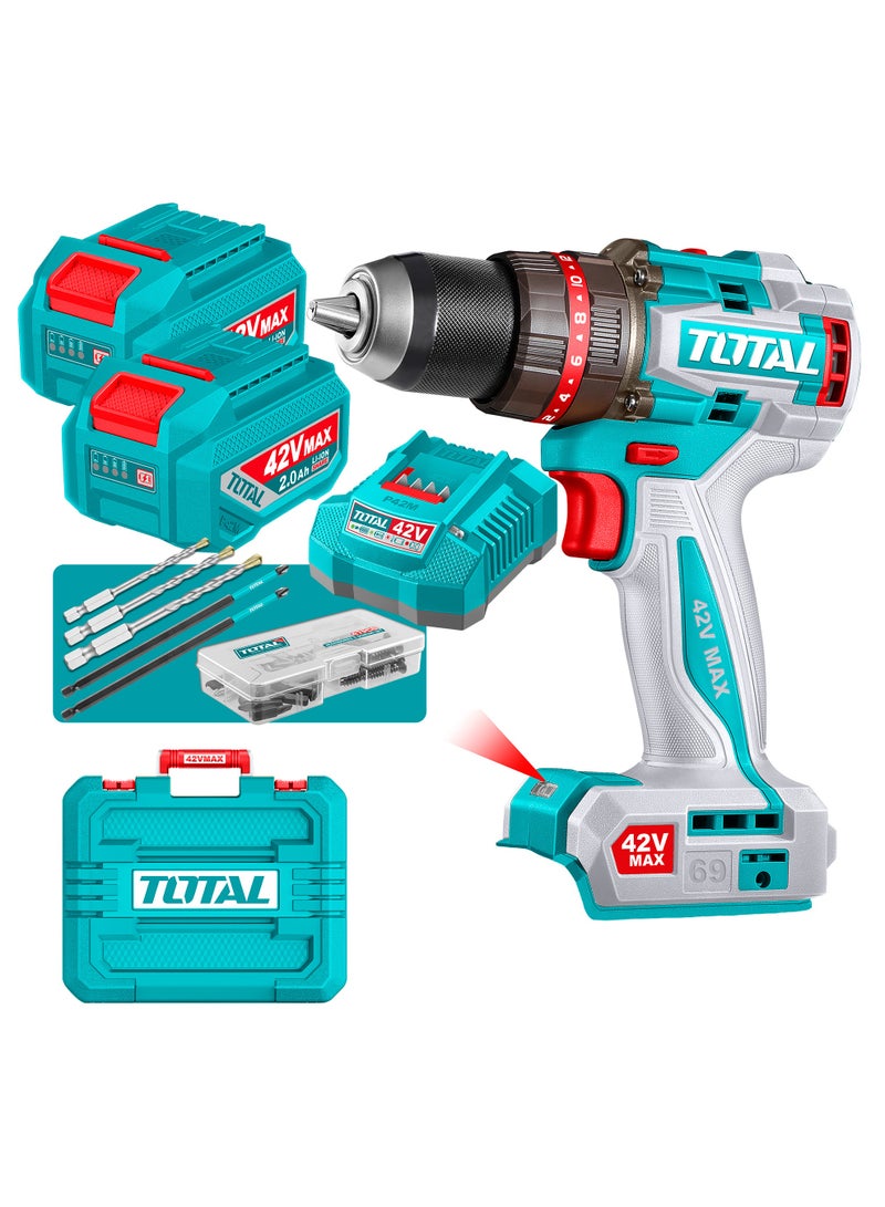 TOTAL 42V Compact Brushless Cordless Impact Drill (69Nm) - 13mm Metal Chuck, 2-Speed Gearbox & 30000BPM - Includes 2x 2.0Ah Batteries, Charger & 50+ Accessories - TIDLI426982 - Image 1