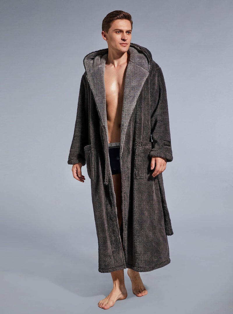 SlumberMee Mens Fleece Plush Robe with Hood Ultra Soft Fluffy Full Length Long with Pockets Luxurious House Coat (Dark Grey, L) - Image 5