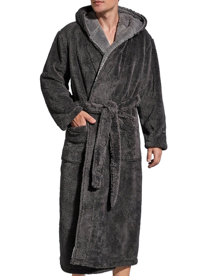 SlumberMee Mens Fleece Plush Robe with Hood Ultra Soft Fluffy Full Length Long with Pockets Luxurious House Coat (Dark Grey, L) - Image 1