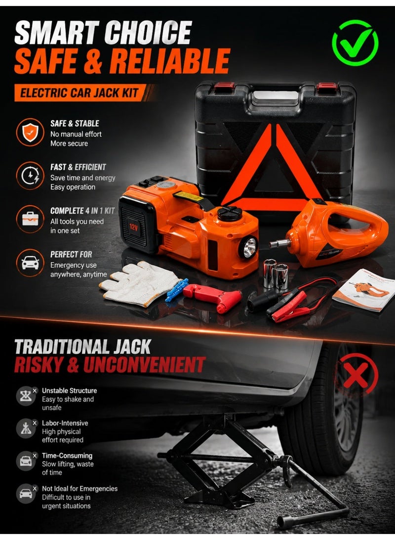 Upseller Electric Hydraulic Car Jack Kit 5 Ton 12V – 4 in 1 Portable Vehicle Lift with Impact Wrench, Tire Inflator Pump & LED Light – Universal for SUV Sedan MPV Truck Tire Change & Emergency Roadside Repair - Image 3