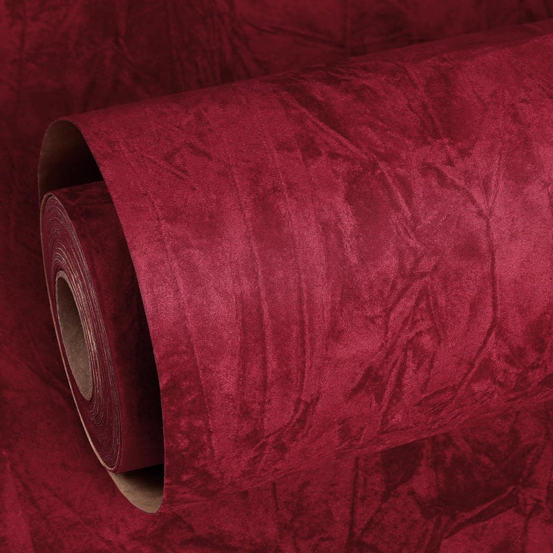 ReWallpaper ورق جدران أحمر قابل للإزالة واللصق بتصميم مخملي داكن لورق الجدران في غرفة النوم، قماش مخملي بورجوندي مزخرف لورق الاتصال للأدراج والحرف اليدوية وعيد الميلاد 175 بوصة × 65 قدم