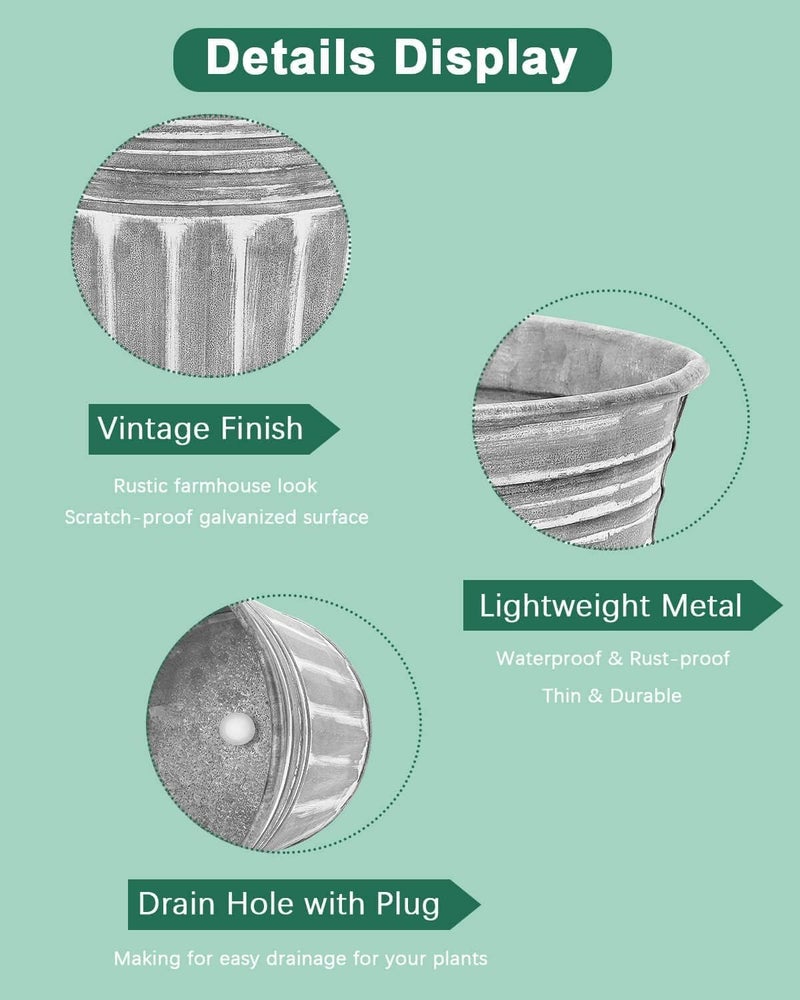 vensovo 10 Inches Silver Metal Rustic Plant Pots - 4 Pcs Large Shallow Galvanized Planters with Drain Hole and Rubber Plug, Rustproof Tin Bucket Succulent Pot Indoor Farmhouse Vintage Style for Decor - Image 3