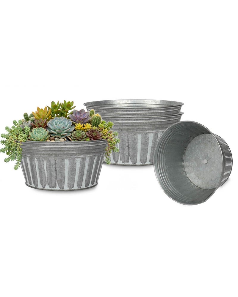 vensovo 10 Inches Silver Metal Rustic Plant Pots - 4 Pcs Large Shallow Galvanized Planters with Drain Hole and Rubber Plug, Rustproof Tin Bucket Succulent Pot Indoor Farmhouse Vintage Style for Decor - Image 1