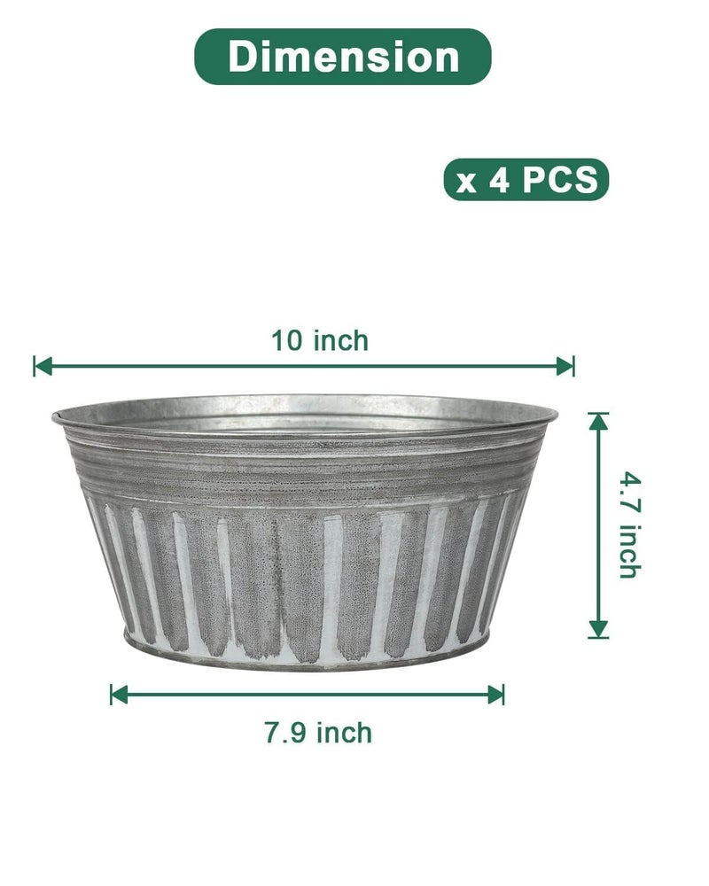 vensovo 10 Inches Silver Metal Rustic Plant Pots - 4 Pcs Large Shallow Galvanized Planters with Drain Hole and Rubber Plug, Rustproof Tin Bucket Succulent Pot Indoor Farmhouse Vintage Style for Decor - Image 2