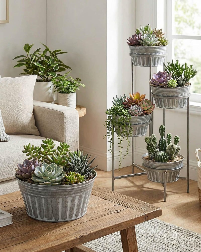 vensovo 10 Inches Silver Metal Rustic Plant Pots - 4 Pcs Large Shallow Galvanized Planters with Drain Hole and Rubber Plug, Rustproof Tin Bucket Succulent Pot Indoor Farmhouse Vintage Style for Decor - Image 4