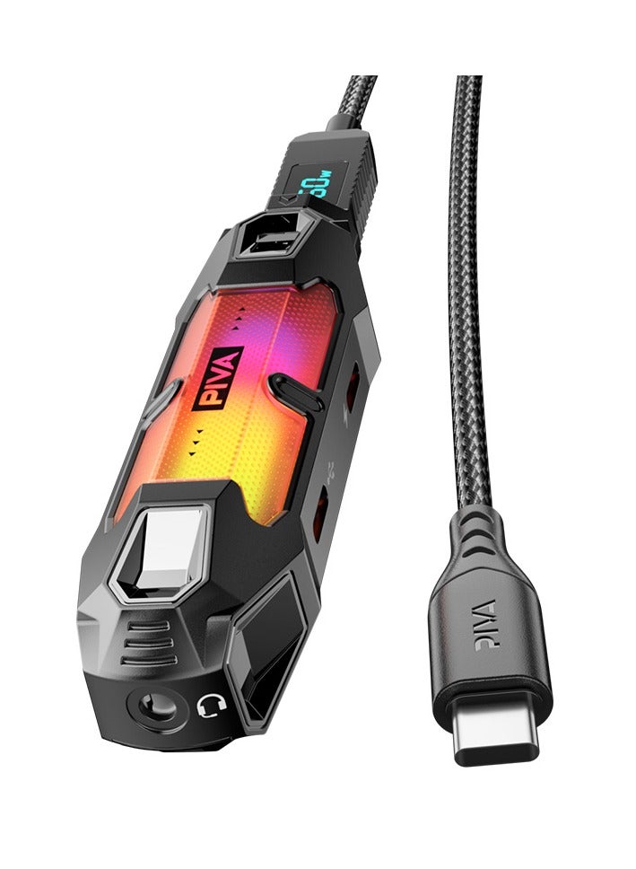 PIVA X41 4 in 1 Type-C Gaming Hub Multifunctional USB Type-C & 3.5mm Audio Inputs with RGB Lighting, 60W USB C Fast Charging, 480Mbps Data Transfer, 3.5mm Audio Port with Power Display for Charging Compatible with Mobile Phones, Laptops, Gaming Devices - Image 1