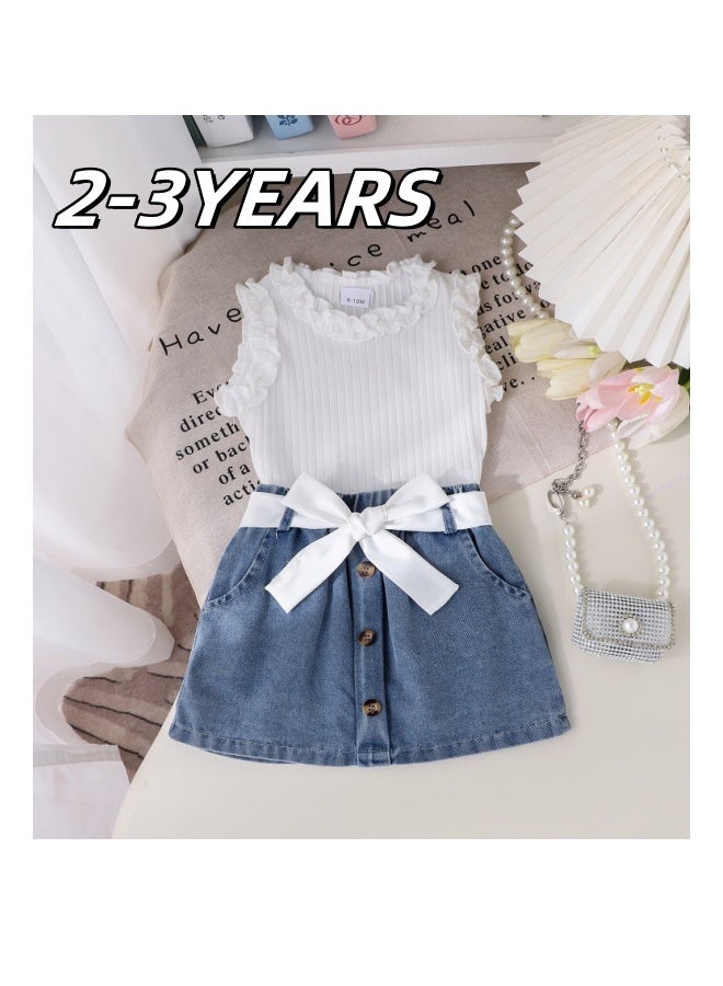دوكو طقم قميص داخلي وتنورة مع حزام للفتيات الصغيرات، ملابس صيفية أنيقة مع قميص بلا أكمام وتنورة جينز، طقم ملابس مريح من قطعتين للفتيات الصغيرات - Image 5
