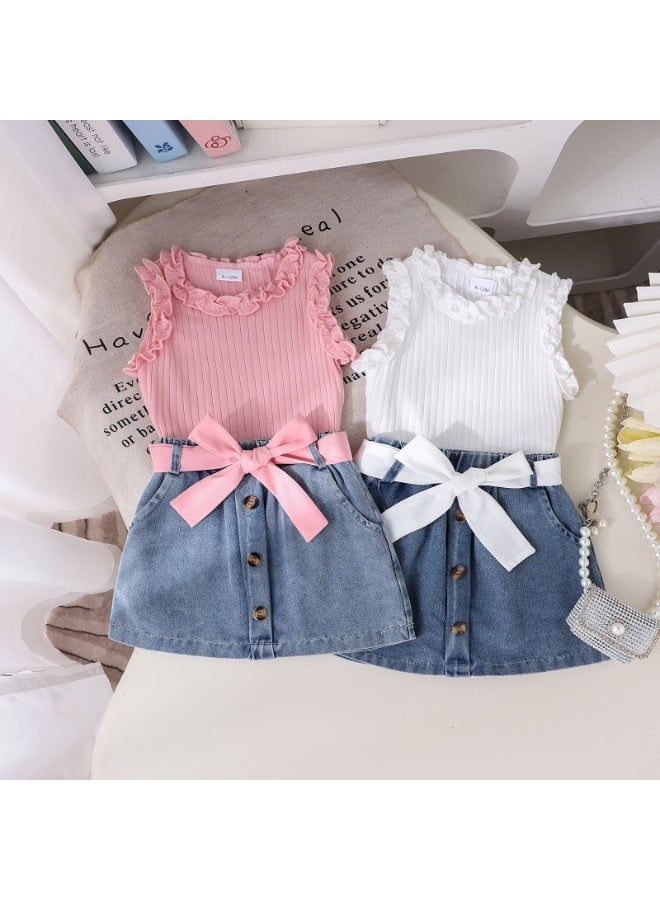 دوكو طقم قميص داخلي وتنورة مع حزام للفتيات الصغيرات، ملابس صيفية أنيقة مع قميص بلا أكمام وتنورة جينز، طقم ملابس مريح من قطعتين للفتيات الصغيرات - Image 3