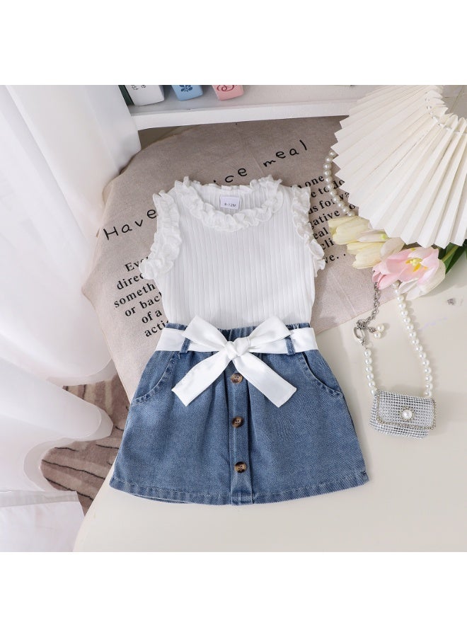 دوكو طقم قميص داخلي وتنورة مع حزام للفتيات الصغيرات، ملابس صيفية أنيقة مع قميص بلا أكمام وتنورة جينز، طقم ملابس مريح من قطعتين للفتيات الصغيرات - Image 4