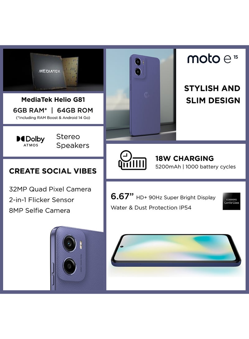 Motorola E15 4G Dual SIM Fresh Lavender 2GB RAM 64GB - Middle East Version - Image 2