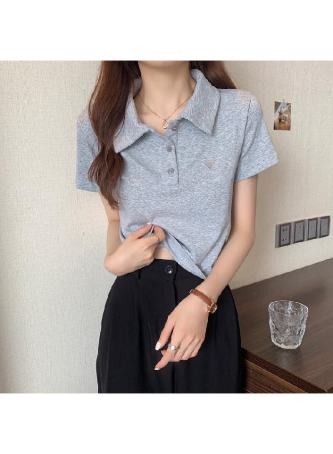 New Summer Cotton Polo Shirt Lapel High Waist Short Short Sleeve T-shirt Women's Age-reducing Embroidered Top 