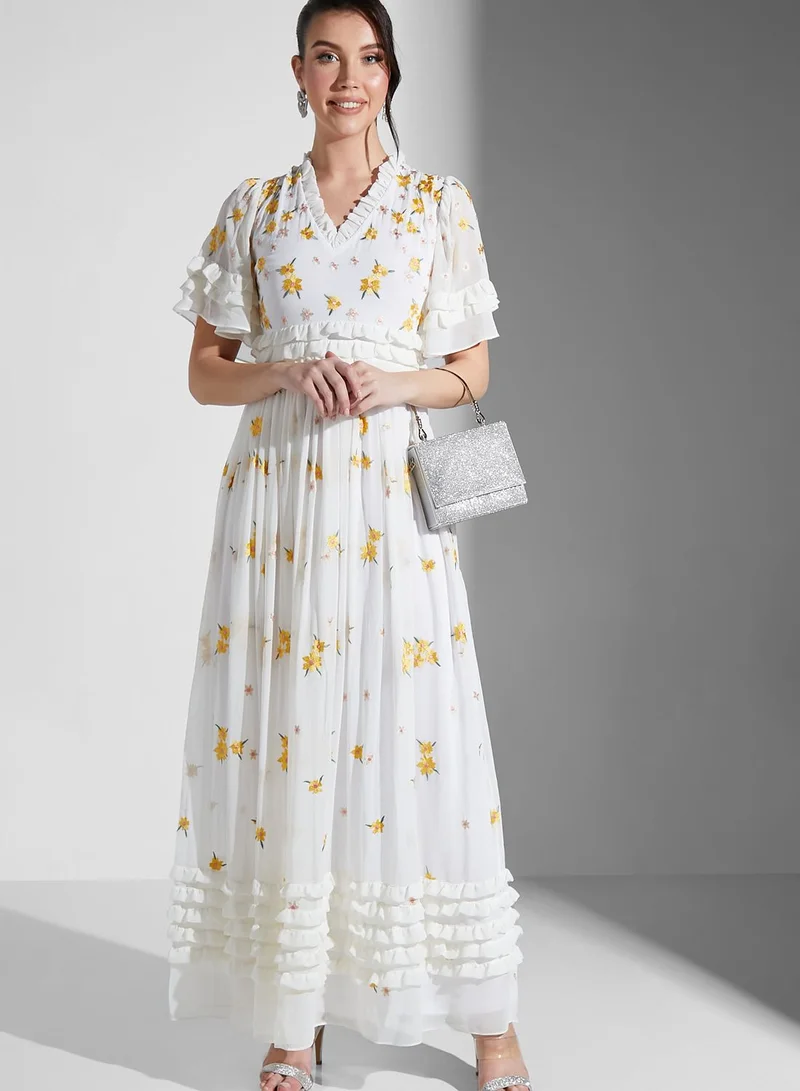 Frock and Frill Floral Embroidered Maxi Dress