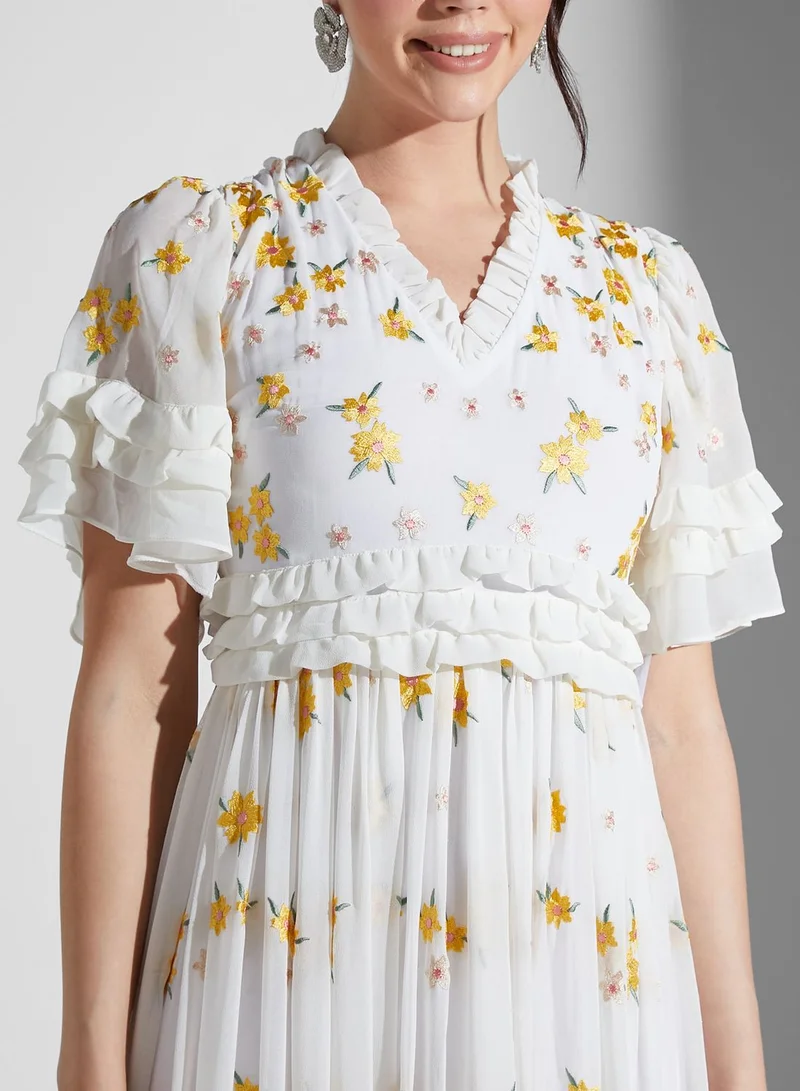 Frock and Frill Floral Embroidered Maxi Dress
