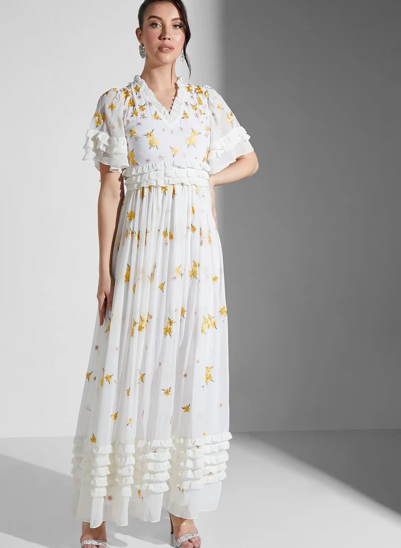 Frock and Frill Floral Embroidered Maxi Dress