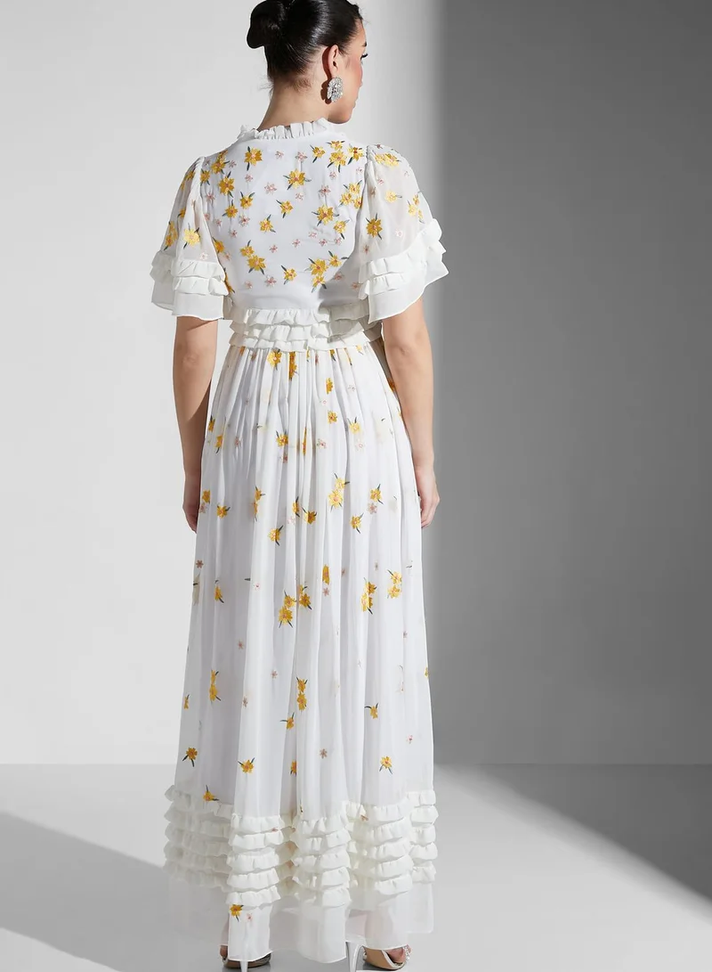 Frock and Frill Floral Embroidered Maxi Dress