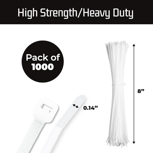 Bolt Dropper 8 Inch 1000 White Zip Cable Ties 40lbs Tensile Strength - Secure Projects with Confidence: Heavy Duty, Self-Lock Premium Nylon Cable Wire Ties for Indoor Outdoor Use - Image 3