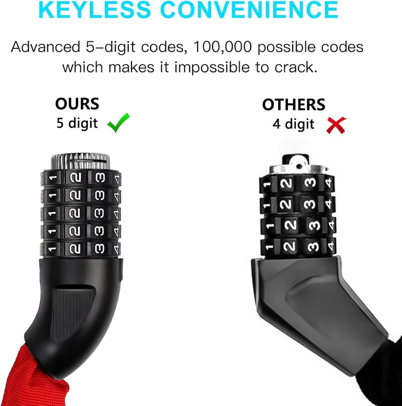 UBULLOX Bike Chain Lock, 3FT Combination Lock, Resettable Bicycle Lock, Red - Image 2