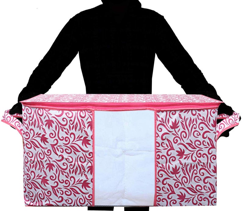 Kuber Industries Leaf Printed 3 Pieces Non Woven Fabric Under Bed Storage Bag Cloth Organiser Blanket Cover with Transparent Window PinkKUBMART2944 - Image 4