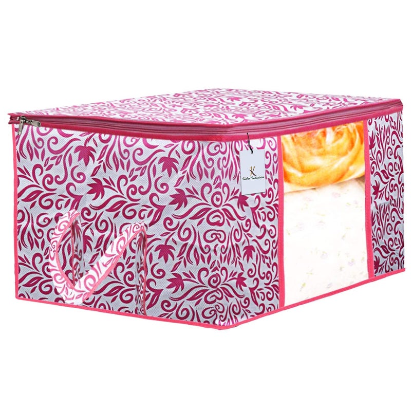 Kuber Industries Leaf Printed 3 Pieces Non Woven Fabric Under Bed Storage Bag Cloth Organiser Blanket Cover with Transparent Window PinkKUBMART2944 - Image 2
