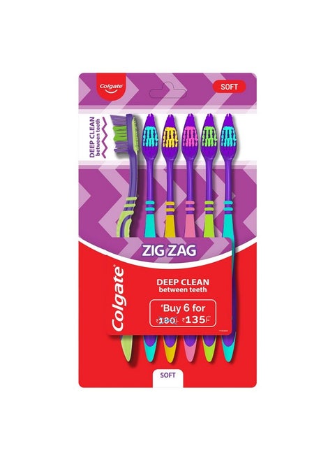 Zigzag Soft Bristle Toothbrush 6 Pcs Multicolour Compact Brush Head For Deep & Complete Cleansing