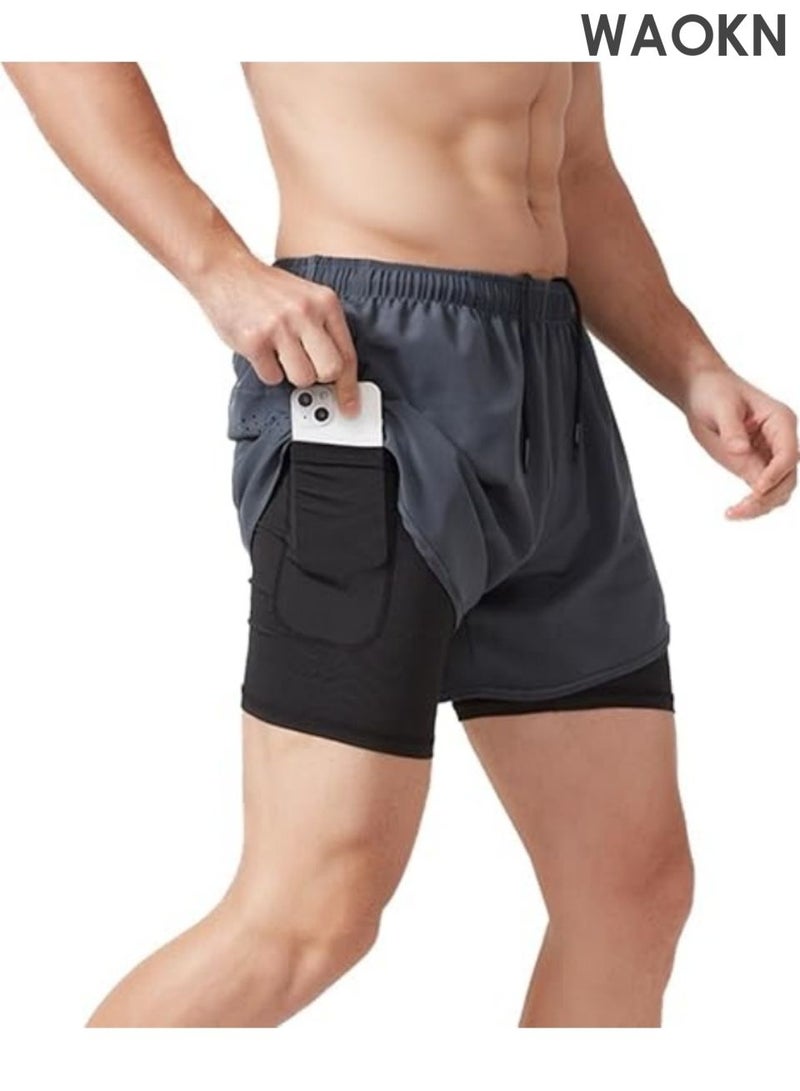 WAOKN Men's 2-in-1 sports running shorts, lightweight sportswear quick drying shorts, lined with anti glare double-layer fitness shorts, fitness stretch sports shorts with pockets that can store mobile phones without fading or deforming (grey). - Image 4