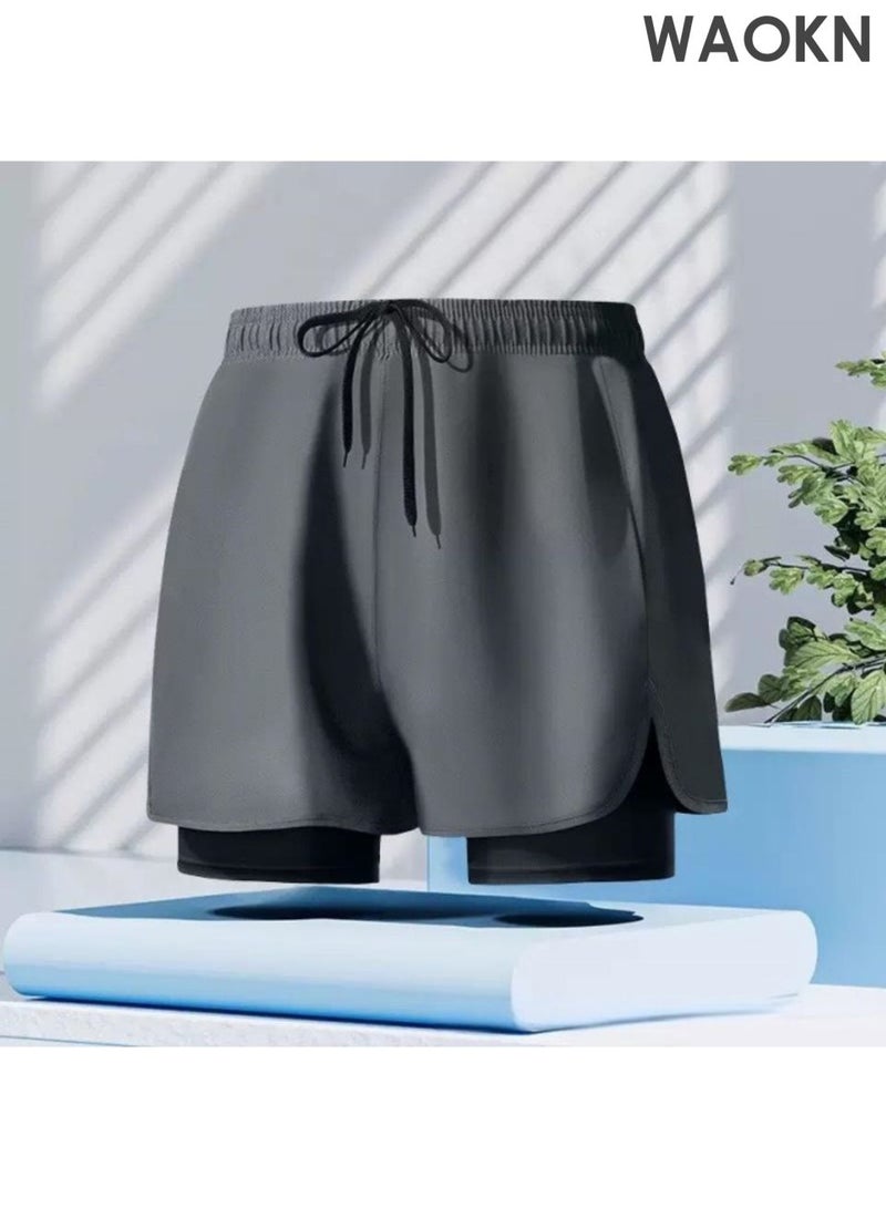 WAOKN Men's 2-in-1 sports running shorts, lightweight sportswear quick drying shorts, lined with anti glare double-layer fitness shorts, fitness stretch sports shorts with pockets that can store mobile phones without fading or deforming (grey). - Image 1